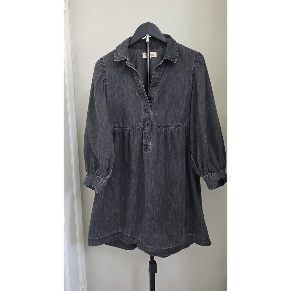 Madewell Womens S Charcoal Cotton Babydoll Mini Dress 3/4 Sleeve Button Front
